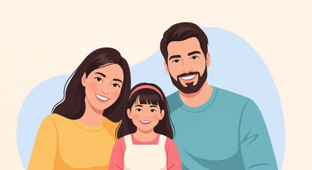 Obraz premium Smiling family of three, parents and daughter, happy and united