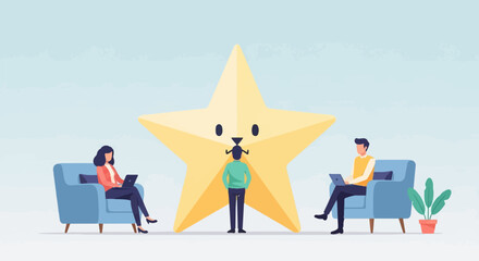 Fototapeta premium Three people engage with a giant, smiling star while using laptops