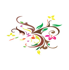 Obraz premium Colorful Abstract Floral Swirl Design with Leaves and Decorative Curves, Modern Artistic Botanical Vector Illustration on White Background