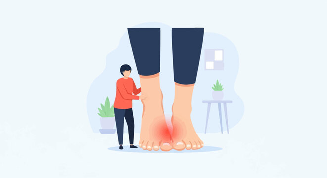 Small person touches large foot with painful red inflammation near toes