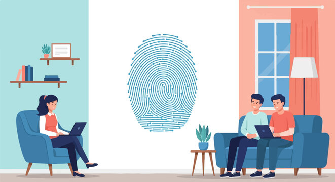 Three people in a room with a fingerprint graphic and laptops