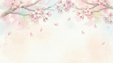 水彩画風の桜の枝と舞い散る花びら：淡い春の背景イラスト (English: Watercolor cherry blossom branch with falling petals: Soft spring background illustration)