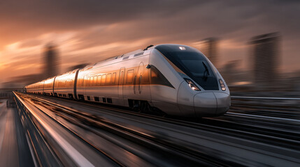 Fototapeta premium A sleek silver bullet train speeds along the tracks at sunset in a cityscape