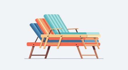 Stacked striped beach chairs with wooden frames on white background