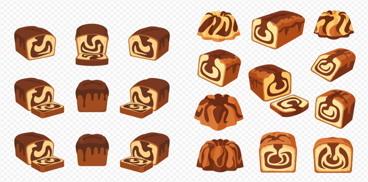 Set of delicious chocolate marble cakes and loaves, sweet baked goods with cocoa swirl patterns.