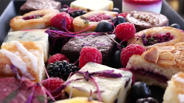 dessert assortment displays bite sized cakes brownies cheesecakes layered berry fillings garnished fresh raspberries blackberries blueberries almond flakes up close raspberry blackberry 