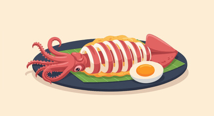 Steamed squid and egg dish on a dark plate with green leaves