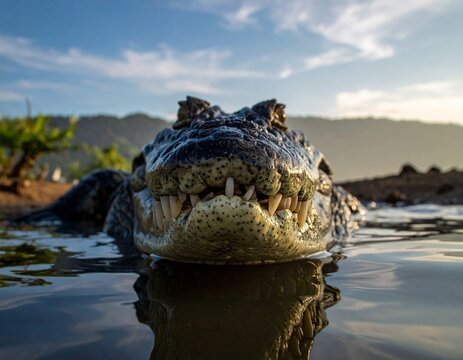 A dangerous wild crocodile predator with sharp teeth and yellow eyes lurks in the swampy river water