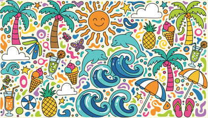 Whimsical Tropical Paradise of Sun, Waves, Dolphins, Palm Trees, Pineapples, Ice Cream, Drinks, Umbrellas, Flip-Flops, Butterflies, and Joyful Summer Fun