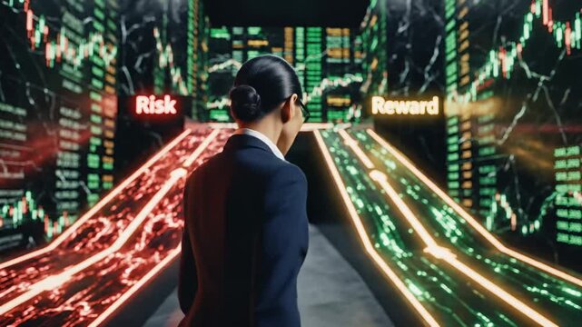 Business Woman Stands At Forked Path With Risk And Reward Neon Signs Over Stock Market Data Displays