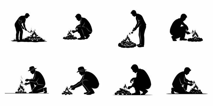 Set of silhouettes illustrating men building, tending, and lighting a campfire, representing outdoor activities, camping, and survival skills.