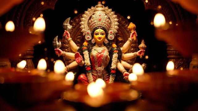 Divine Maa Durga Idol Surrounded by Lit Diyas During Hindu Worship