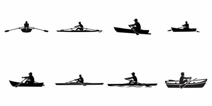 Collection of eight black silhouettes showing people rowing and sculling in various boats, isolated on a white background.