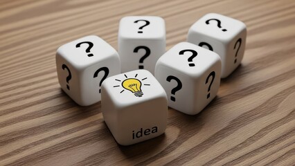 Creative Idea Concept Represented by Dice with Question Marks and Lightbulb Symbol