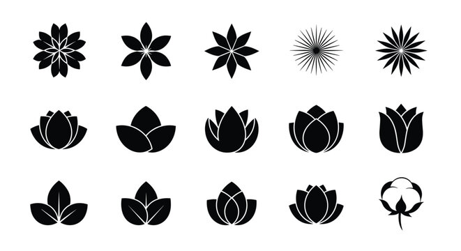 Premium black solid icon set of blooming flowers, lotus petals, leaf clusters, and botanical symbols for spa, wellness, and natural skincare brand identity and logo design.