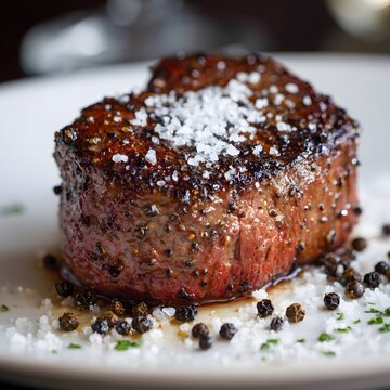 Seared protein exhibiting Maillard reaction, crystalline sodium chloride, and spherical piperine structures on a white substrate.