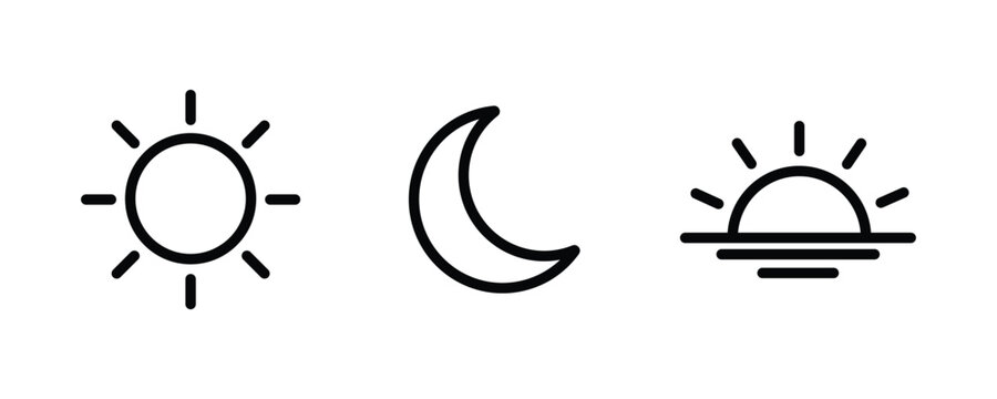Line art sun moon sunset outline icon collection transparent background, flat weather day night evening symbol set vector illustration