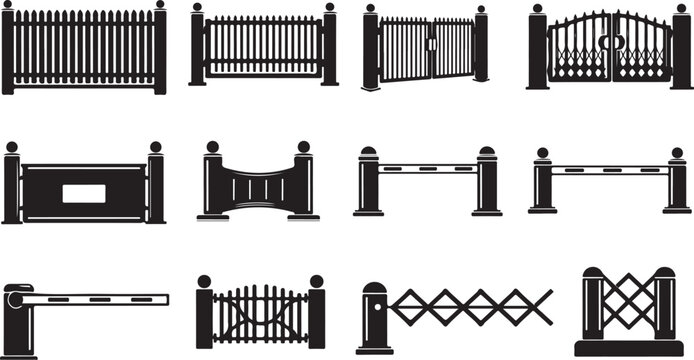 Various types of gates and fences in black silhouette