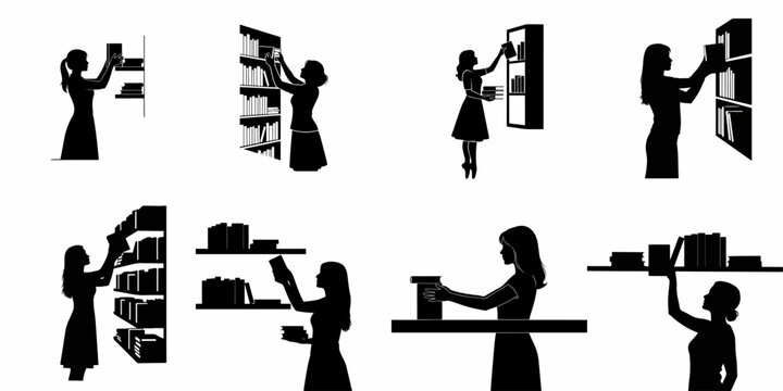 Collection of black silhouettes showing women arranging, selecting, and organizing books on shelves in a library or bookstore setting.
