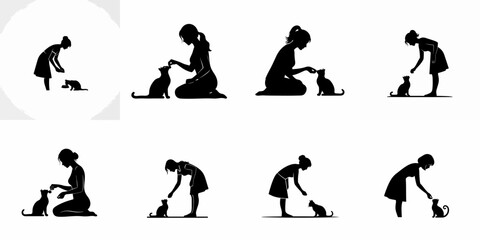 Vector silhouette set depicting women and girls interacting with cats, symbolizing pet ownership, feeding, and affection.