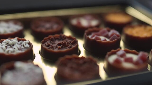 Box of assorted chocolates pralines with smooth rotation motion close up view