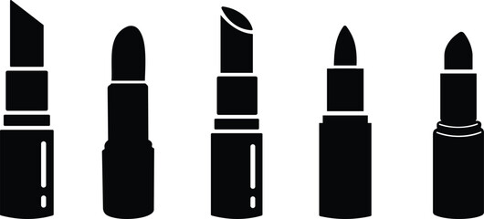 Obraz premium Lipstick vector icons set, cosmetic makeup silhouette and outline collection, beauty fashion symbol group isolated on transparent background for branding and salon design