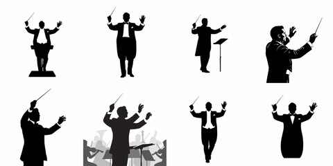 Collection of eight black and white silhouettes depicting an orchestra conductor in various dramatic poses with a baton, symbolizing classical music performance and leadership. © Nadya