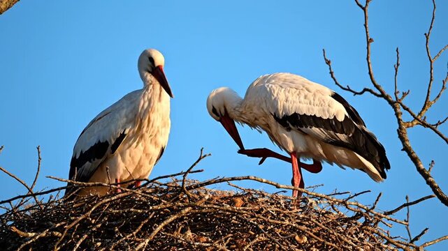 Two white storks nesting in tree against clear blue sky