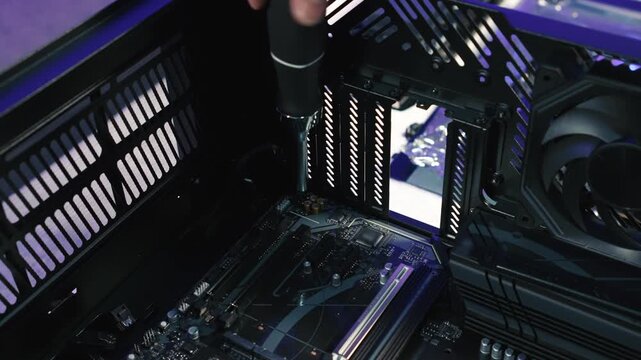 Process of screwing motherboard inside the computer case

