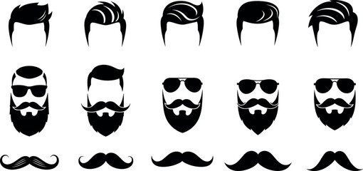 Collection of male haircut beard and mustache black silhouette icons for vintage barber shop branding and gentleman grooming style illustration vector.