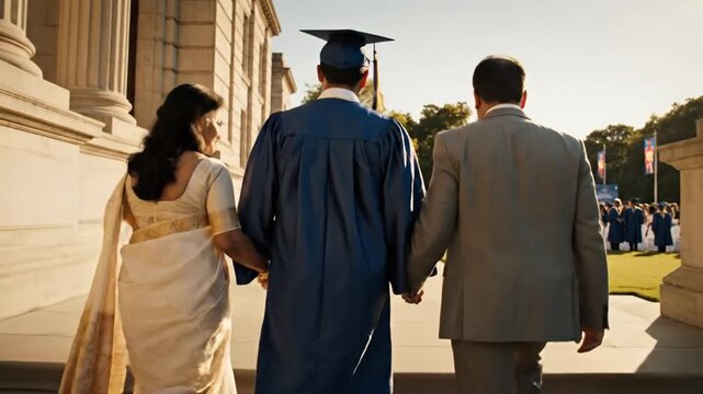 A person wearing a graduation gown and toga hat walks up stairs with parents holding hands, symbolizing family support on graduation day.