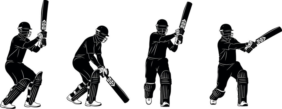 Cricket batsman silhouette vector illustration set of players hitting ball with bat wearing helmet and pads for sports championship design.
