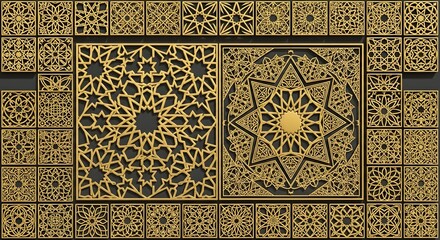 Intricate gold and black islamic geometric pattern design