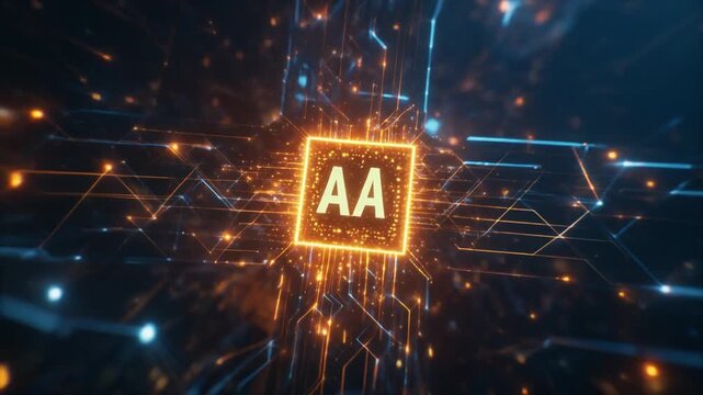 Glowing orange digital circuit board with AA logo.