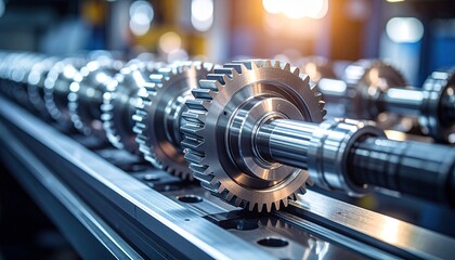 Fototapeta premium Close-up of precision-engineered metal gears mounted on shaft, polished metallic surfaces, mechanical transmission system, blurred industrial background with lighting, symbolizing engineering and manu