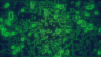Green glowing abstract circuit-style pattern with interconnected lines and shapes, symbolizing coding, data networks, and digital systems