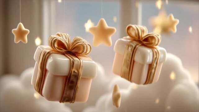 Gift boxes and stars floating in dreamlike atmosphere