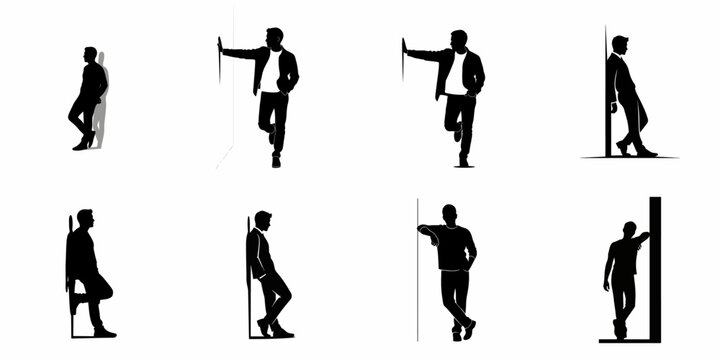 Collection of black vector silhouettes illustrating eight different standing poses of men leaning on walls or vertical objects, isolated on white.