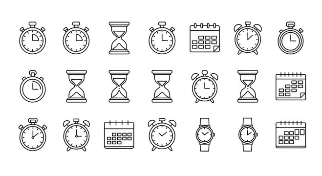 A collection of 18 black and white line icons depicting various timemeasuring devices arranged in three rows of six