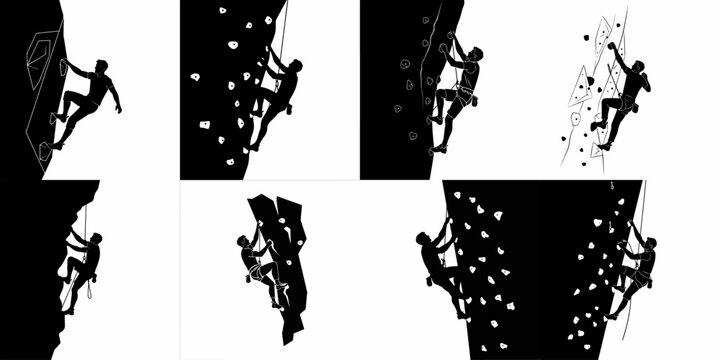 Set of vector silhouettes illustrating rock climbing, mountaineering, and bouldering on diverse indoor and outdoor walls.