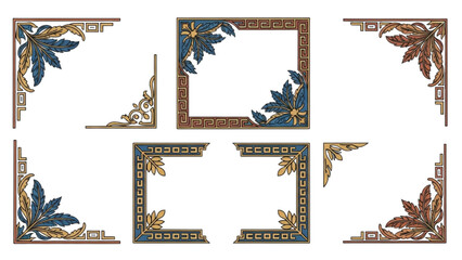 Ornate frames with floral designs and foliage patterns, decorative elements, corner pieces, illustration © Stock Image Paradise