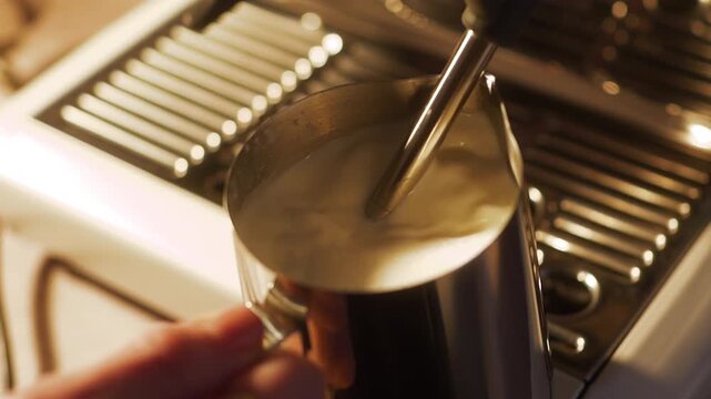 Slow motion close up of milk being frothed with a steam wand in a stainless steel pitcher. Ideal for showcasing vegan options like oat, almond, and soy as well as classic cow milk in social media and