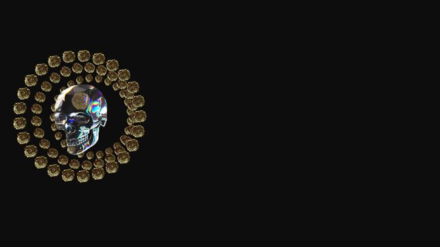 Reflective glass skull framed by a ring of sculpted golden roses on a black backdrop highlighting symmetry, shine, and a bold gothic aesthetic in a surreal 3D render