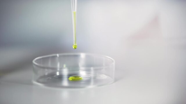 Laboratory worker scientist adding pipette dropping a colored liquid to petri dish conducting scientific experiment in lab setting. Chemistry concept for medical research and analysis