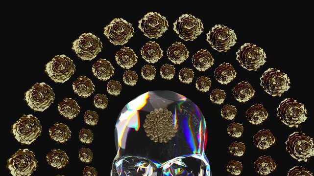 Detailed view of a reflective crystal skull beneath concentric golden roses arranged in a circular pattern on black creating a bold, dramatic and surreal gothic artwork