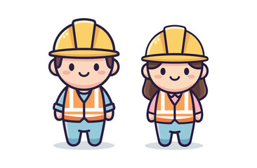 Cute Construction Worker Boy and Girl Cartoon with Helmet Vector Illustration