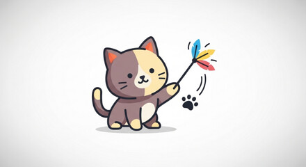 Obraz premium Playful Cartoon Cat Swatting at Colorful Toy on White Background