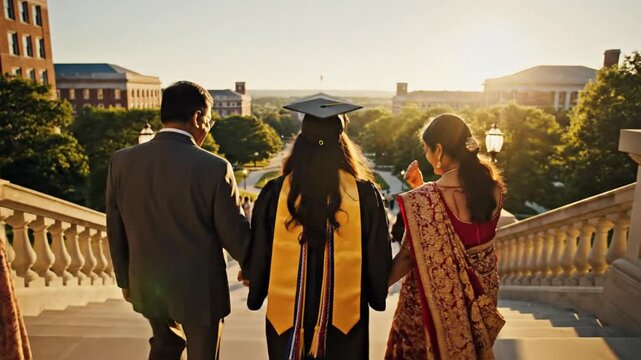 A person wearing a graduation gown and a toga hat walks up stairs with parents holding hands, symbolizing family support on graduation day.