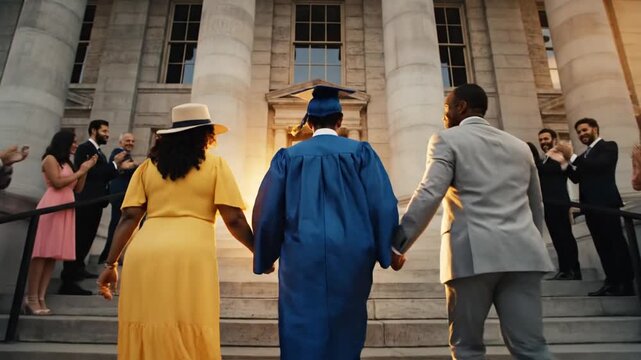 A person in a graduation gown and toga hat walks up stairs with parents holding hands, symbolizing family support on graduation day.