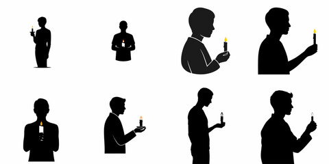 Black silhouettes of men holding lit candles, representing prayer, vigil, hope, remembrance, and spiritual contemplation.